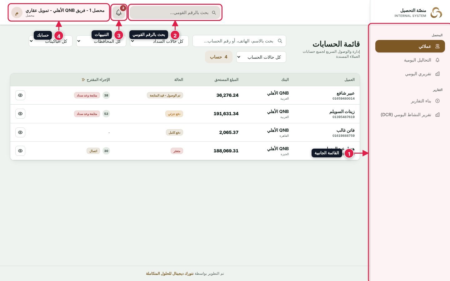 الأجزاء الرئيسية في شاشة النظام